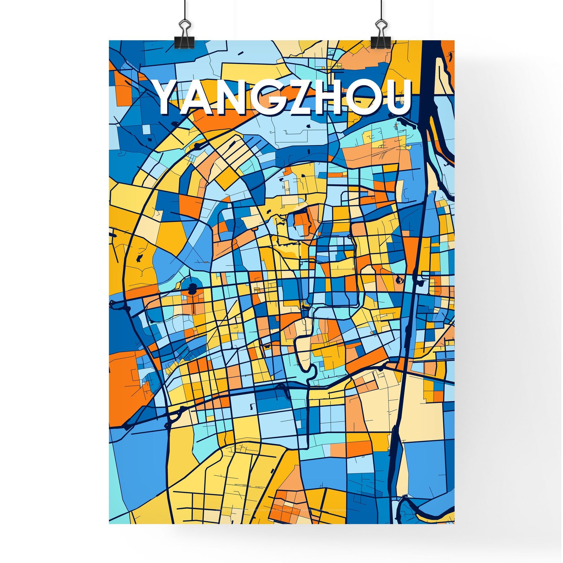 YANGZHOU CHINA Vibrant Colorful Art Map Poster Blue Orange