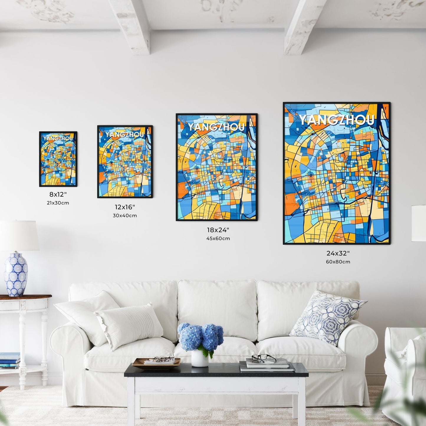 YANGZHOU CHINA Vibrant Colorful Art Map Poster Blue Orange