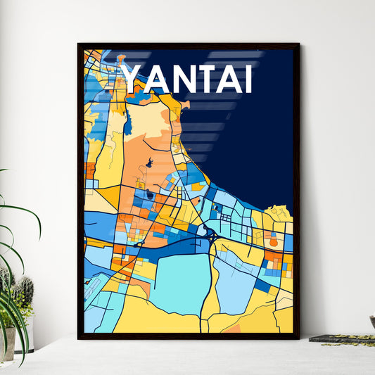 YANTAI CHINA Vibrant Colorful Art Map Poster Blue Orange