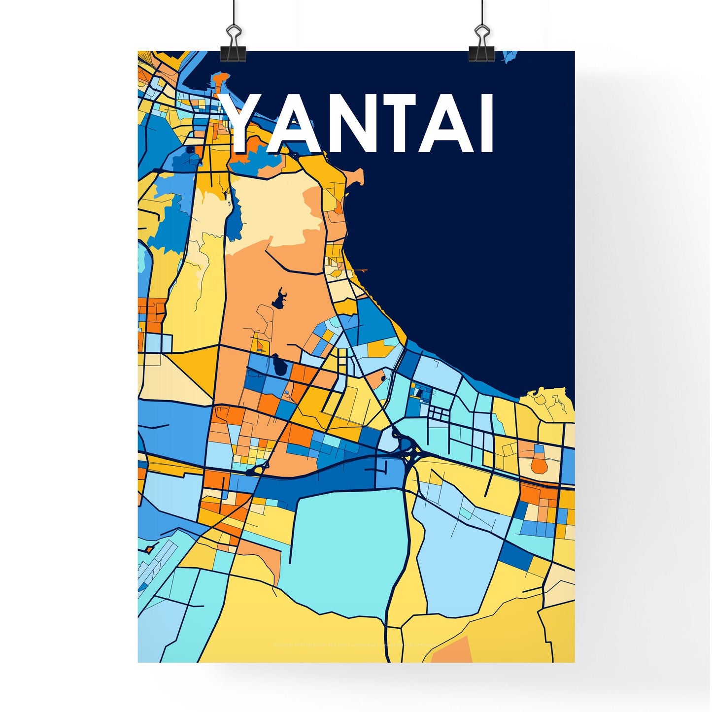 YANTAI CHINA Vibrant Colorful Art Map Poster Blue Orange