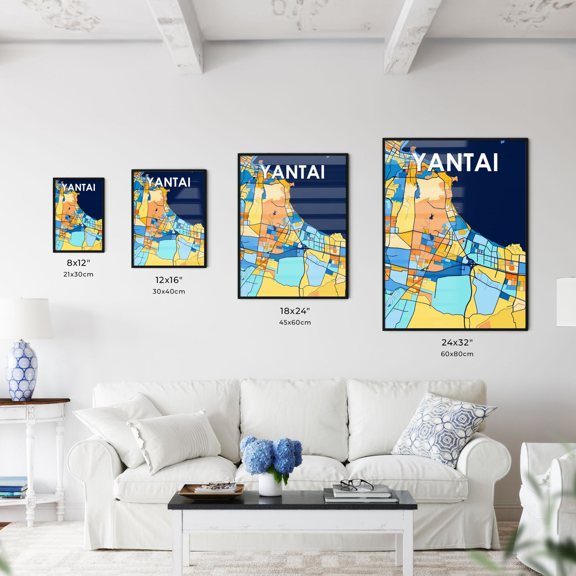 YANTAI CHINA Vibrant Colorful Art Map Poster Blue Orange