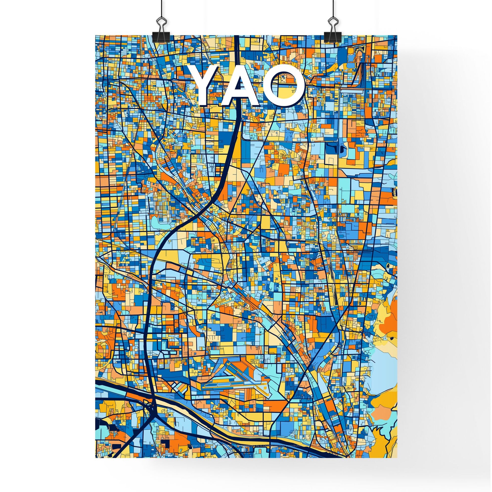 YAO JAPAN Vibrant Colorful Art Map Poster Blue Orange