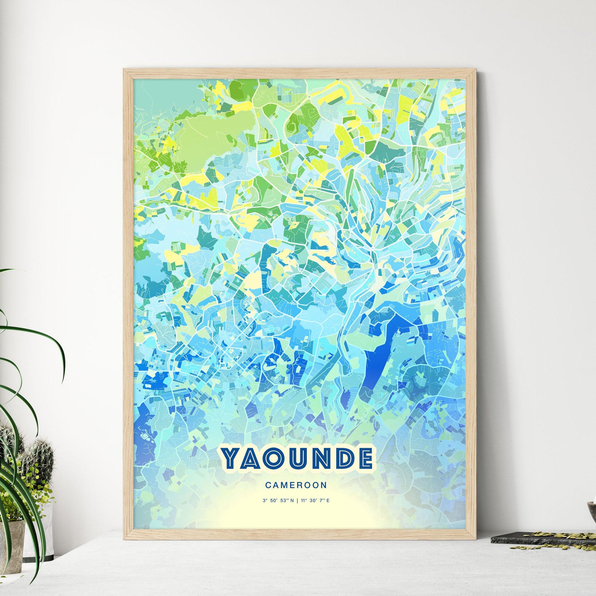 Colorful Yaounde Cameroon Fine Art Map Cool Blue