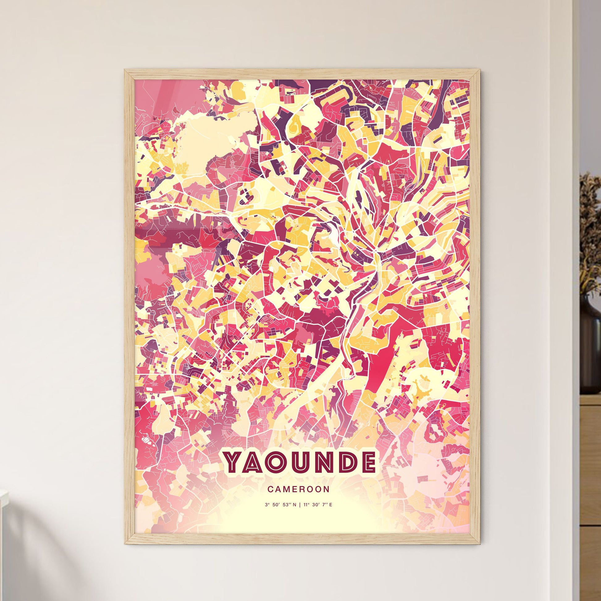 Colorful Yaounde Cameroon Fine Art Map Hot Red