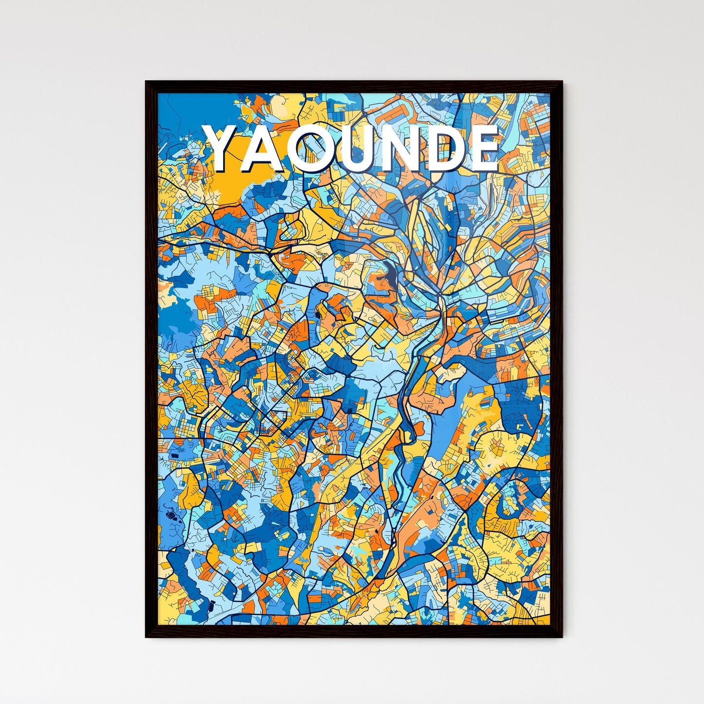 YAOUNDE CAMEROON Vibrant Colorful Art Map Poster Blue Orange