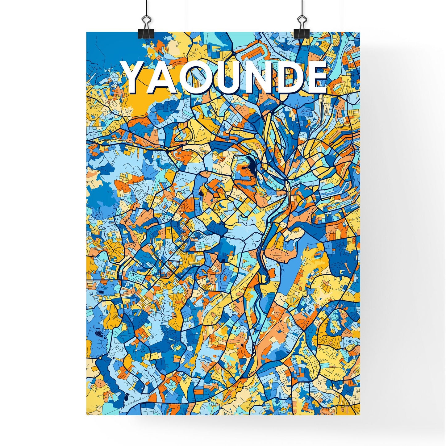 YAOUNDE CAMEROON Vibrant Colorful Art Map Poster Blue Orange