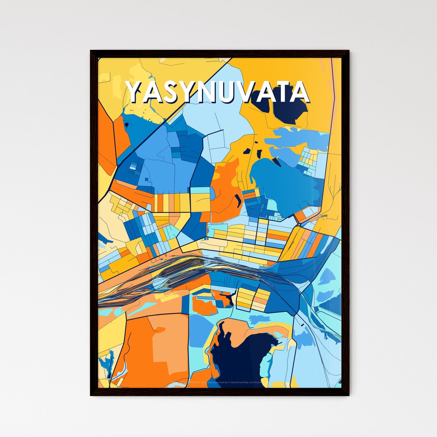 YASYNUVATA UKRAINE Vibrant Colorful Art Map Poster Blue Orange