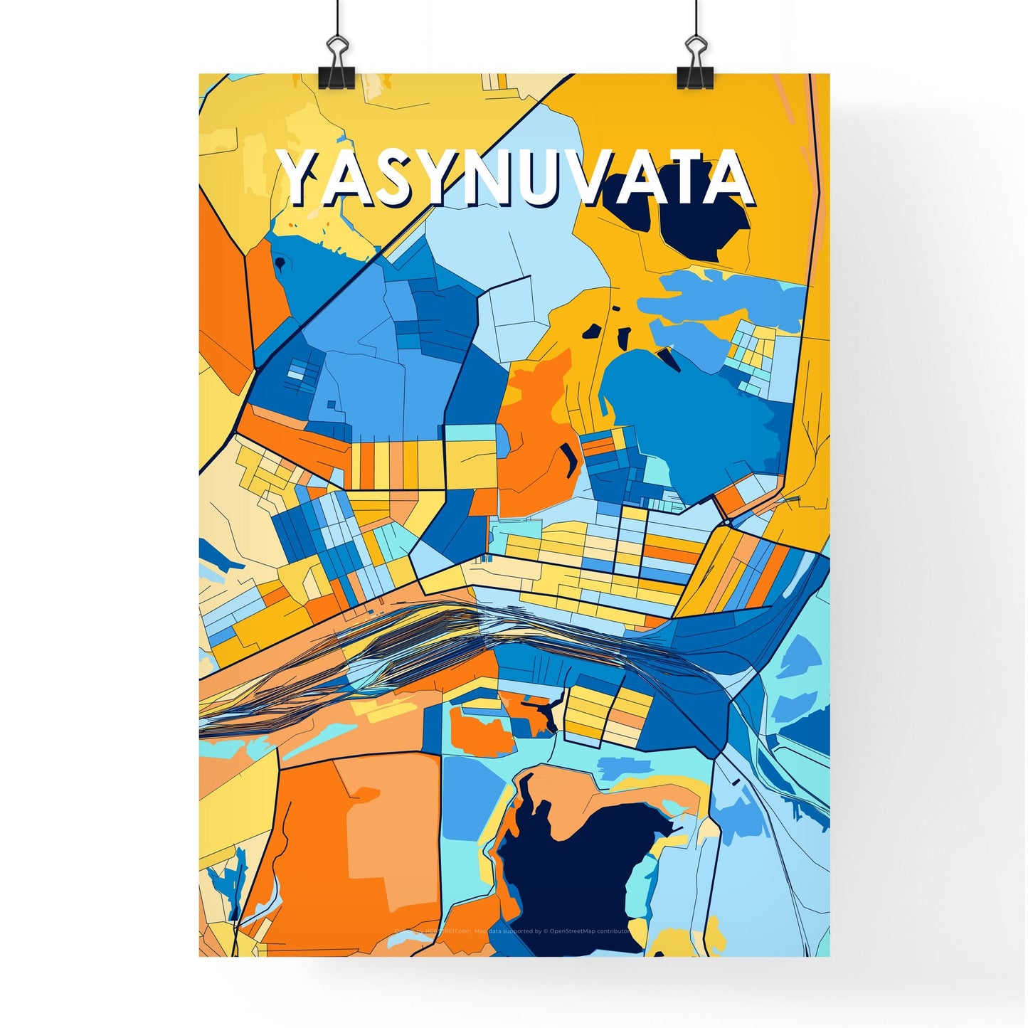 YASYNUVATA UKRAINE Vibrant Colorful Art Map Poster Blue Orange