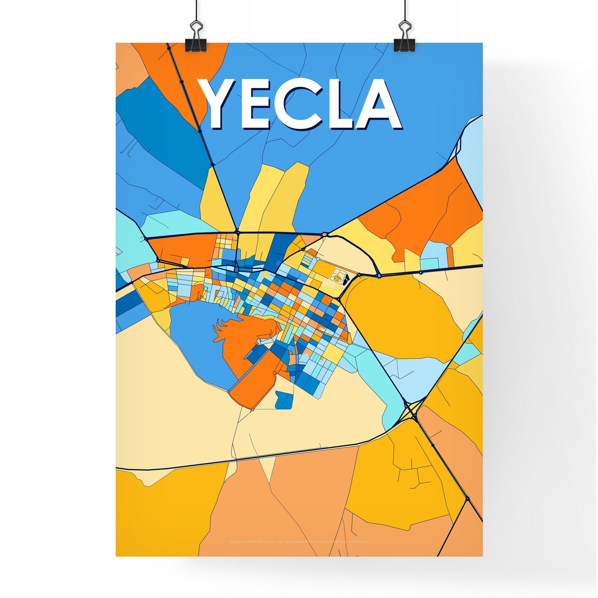 YECLA SPAIN Vibrant Colorful Art Map Poster Blue Orange