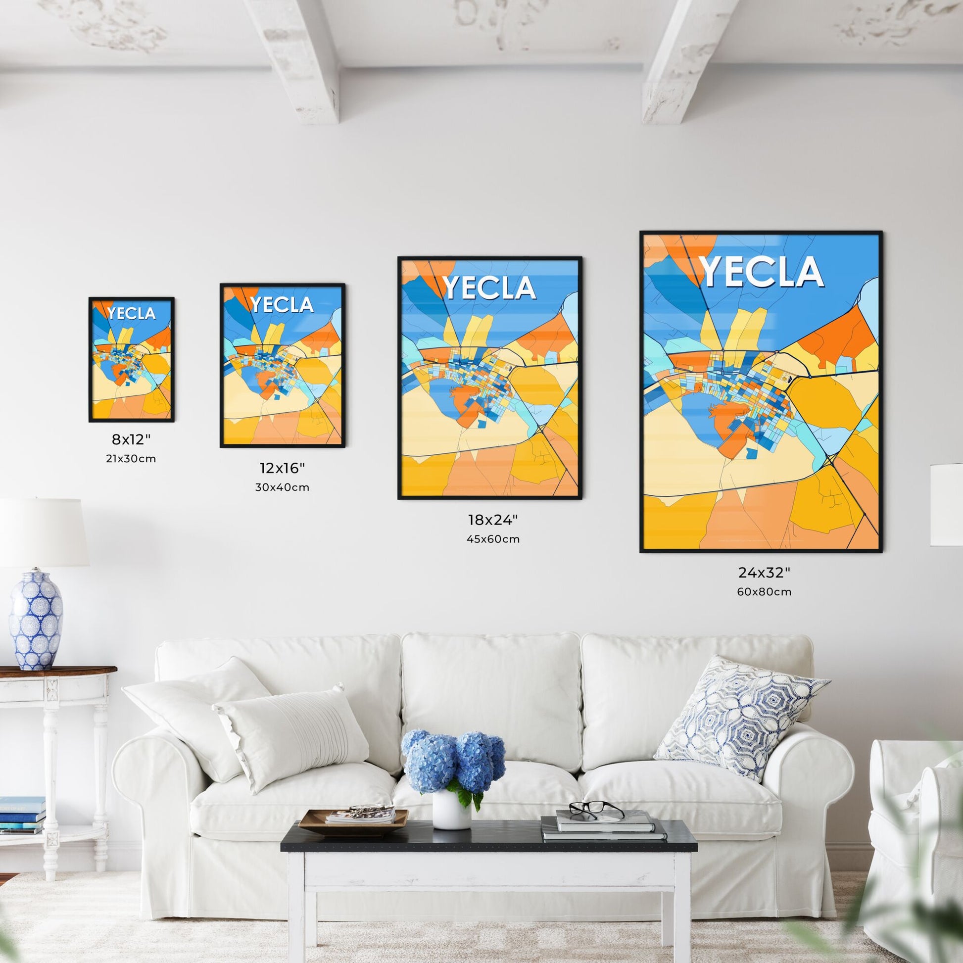 YECLA SPAIN Vibrant Colorful Art Map Poster Blue Orange