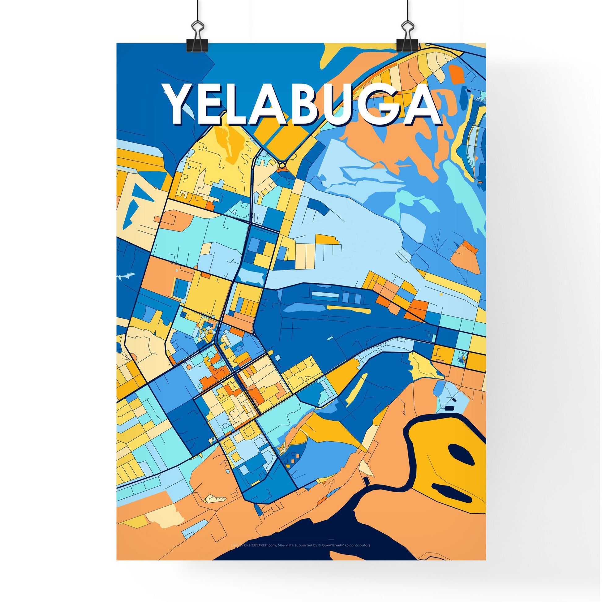 YELABUGA RUSSIA Vibrant Colorful Art Map Poster Blue Orange