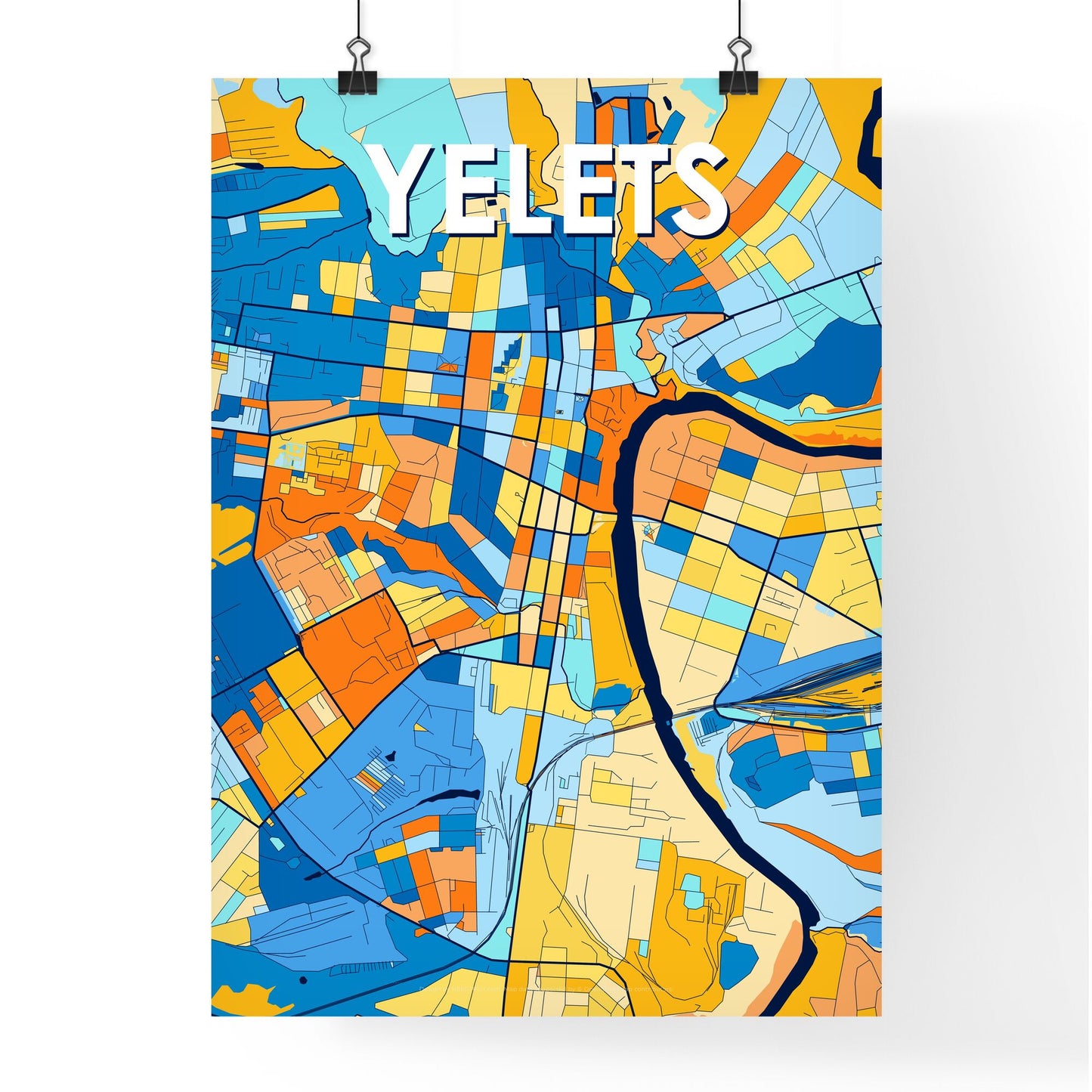 YELETS RUSSIA Vibrant Colorful Art Map Poster Blue Orange