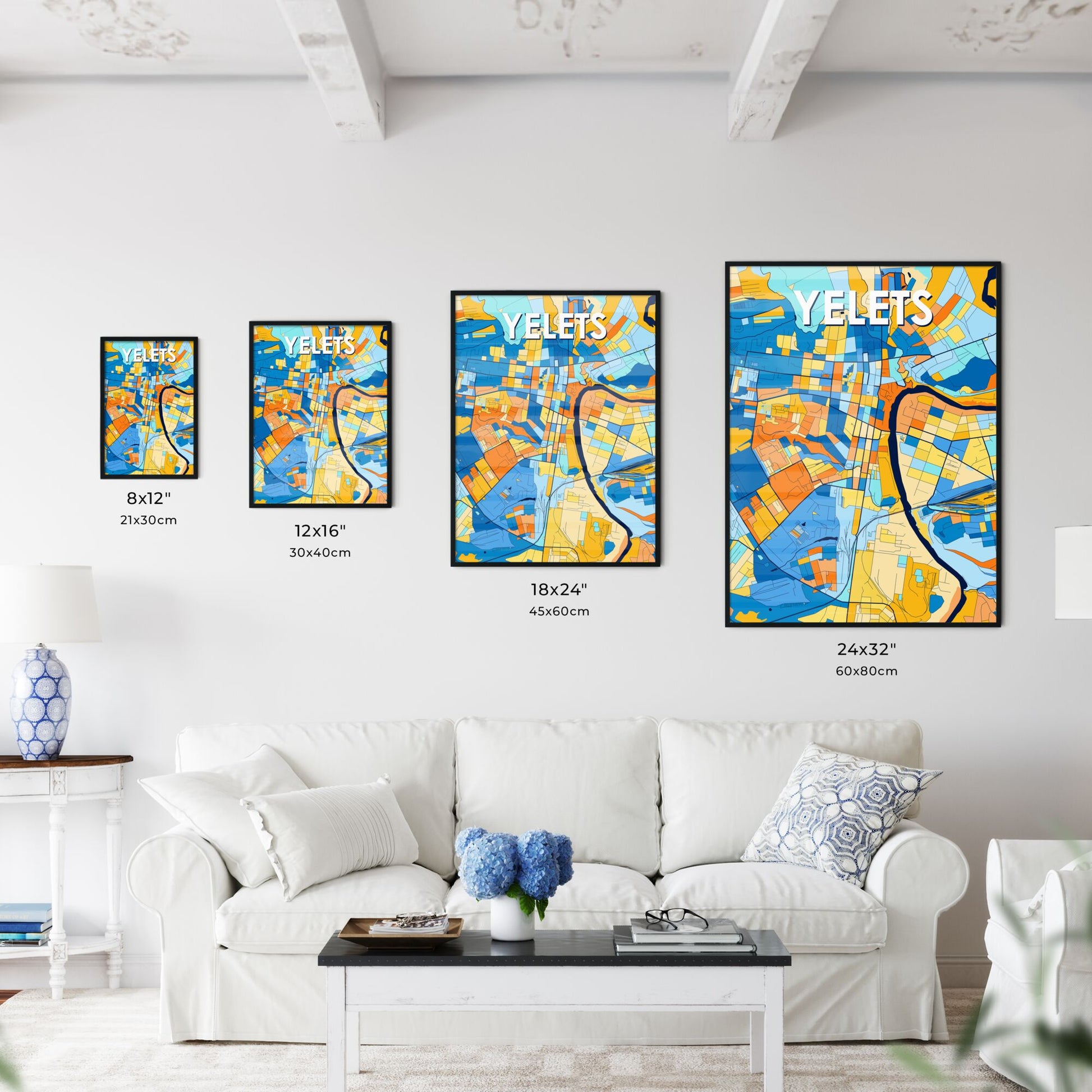 YELETS RUSSIA Vibrant Colorful Art Map Poster Blue Orange