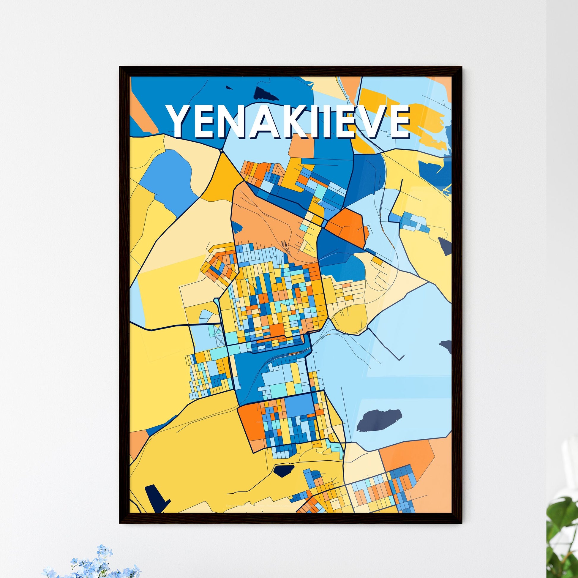 YENAKIIEVE UKRAINE Vibrant Colorful Art Map Poster Blue Orange