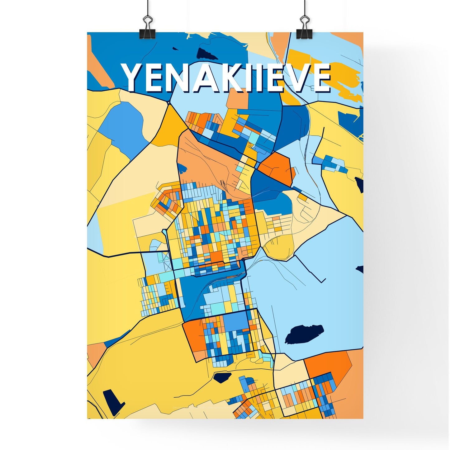 YENAKIIEVE UKRAINE Vibrant Colorful Art Map Poster Blue Orange