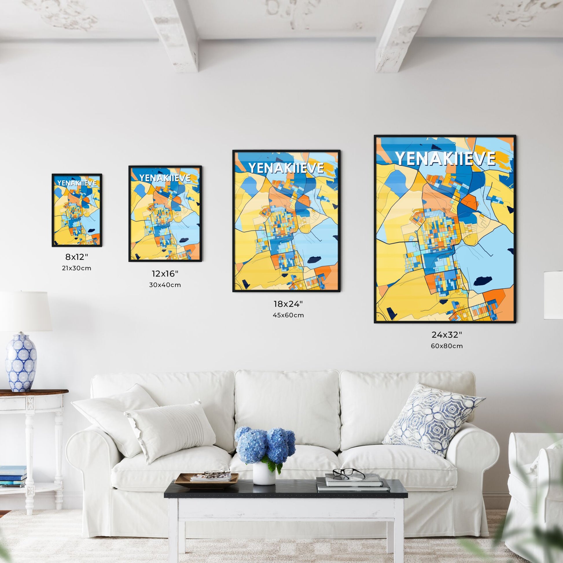 YENAKIIEVE UKRAINE Vibrant Colorful Art Map Poster Blue Orange