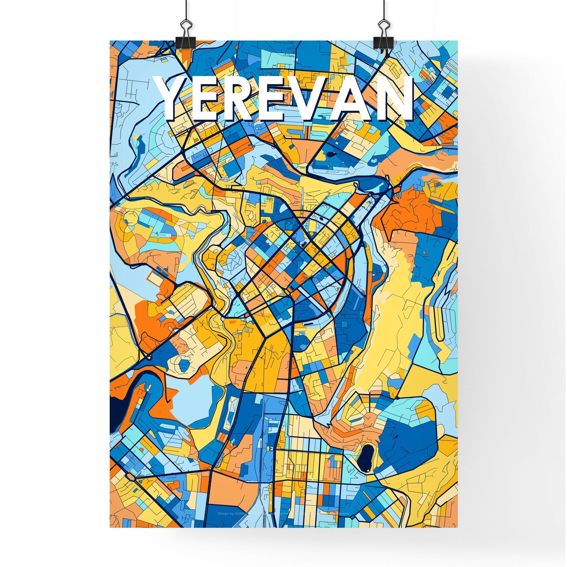 YEREVAN ARMENIA Vibrant Colorful Art Map Poster Blue Orange