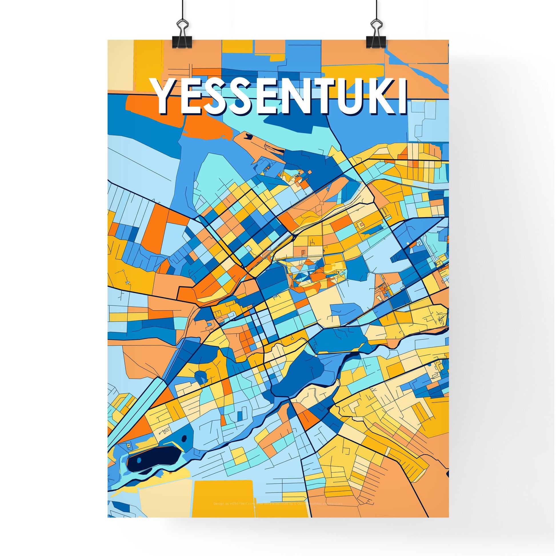 YESSENTUKI RUSSIA Vibrant Colorful Art Map Poster Blue Orange