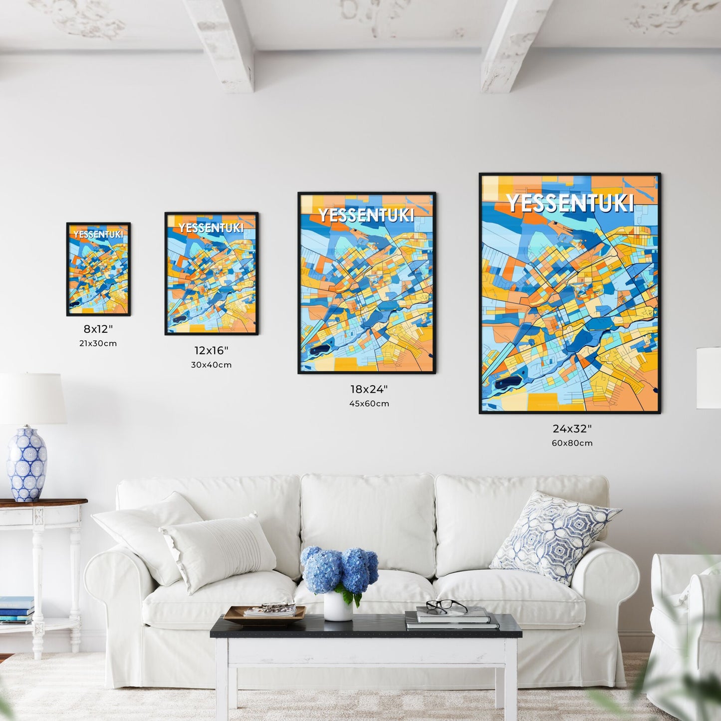 YESSENTUKI RUSSIA Vibrant Colorful Art Map Poster Blue Orange