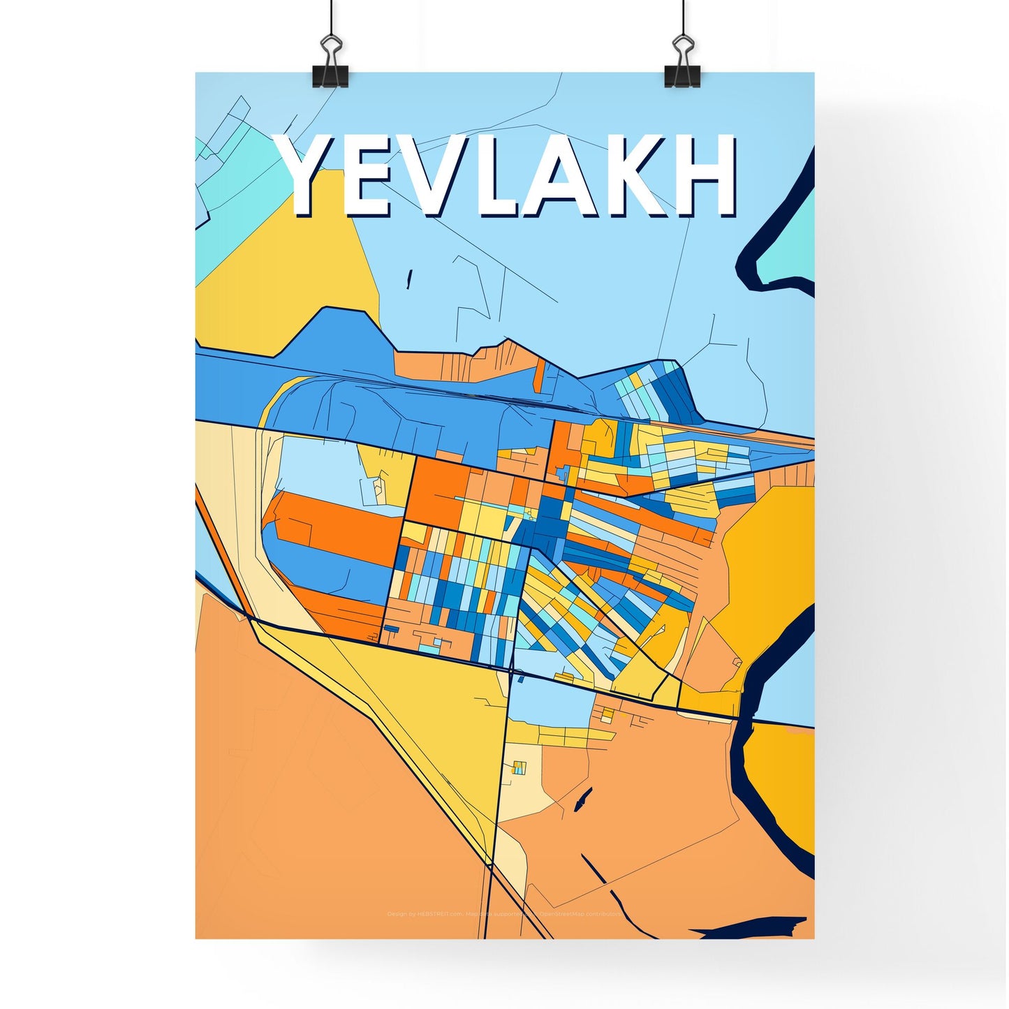 YEVLAKH AZERBAIJAN Vibrant Colorful Art Map Poster Blue Orange