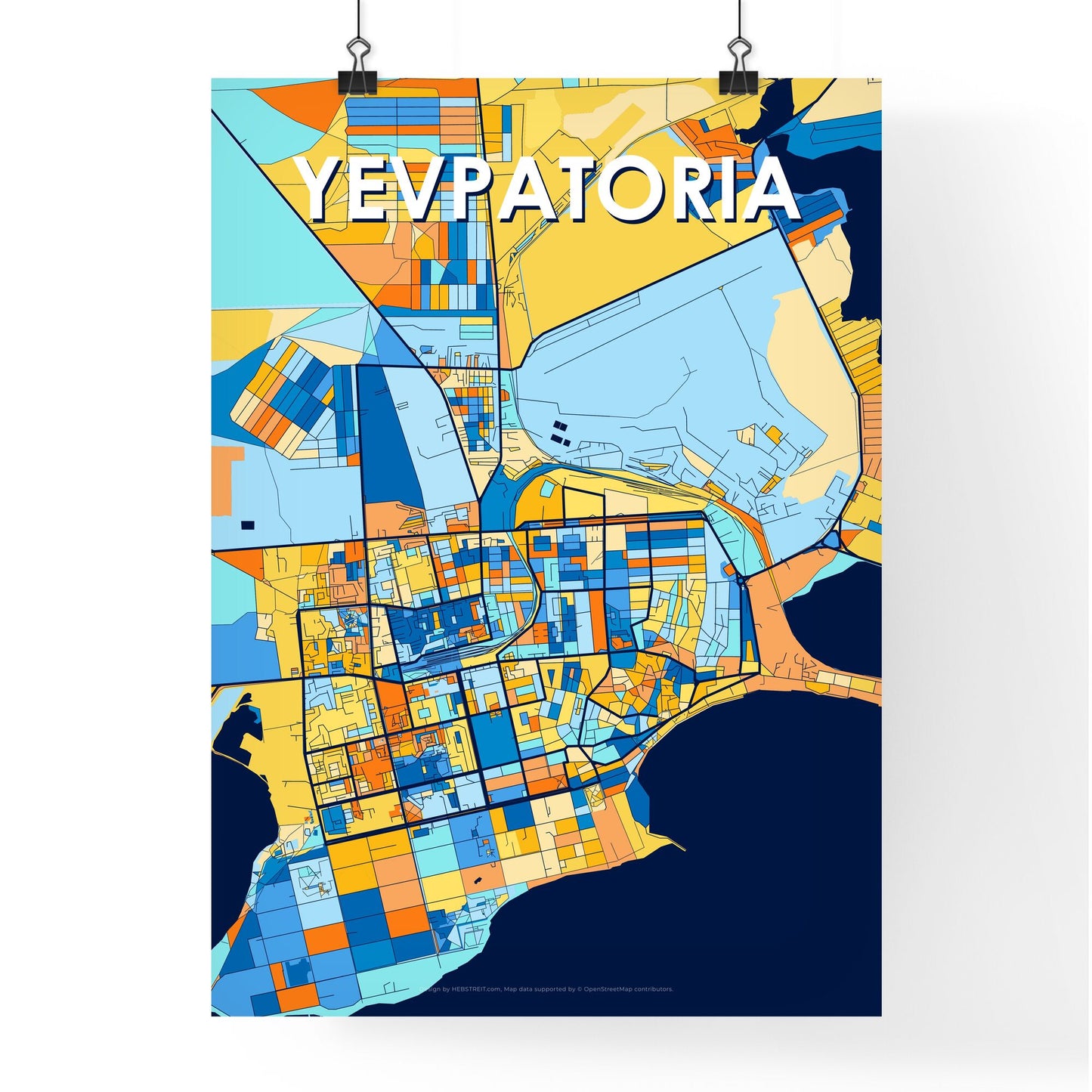 YEVPATORIA UKRAINE Vibrant Colorful Art Map Poster Blue Orange