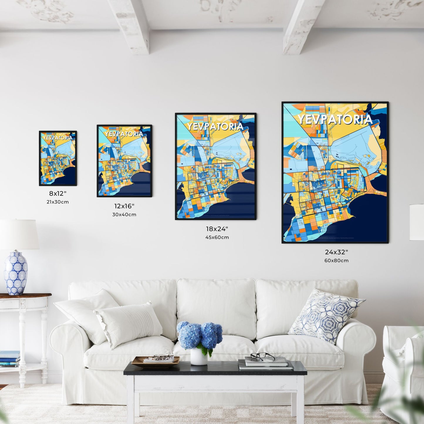 YEVPATORIA UKRAINE Vibrant Colorful Art Map Poster Blue Orange