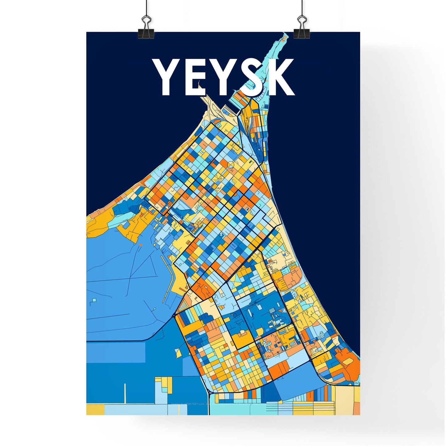 YEYSK RUSSIA Vibrant Colorful Art Map Poster Blue Orange