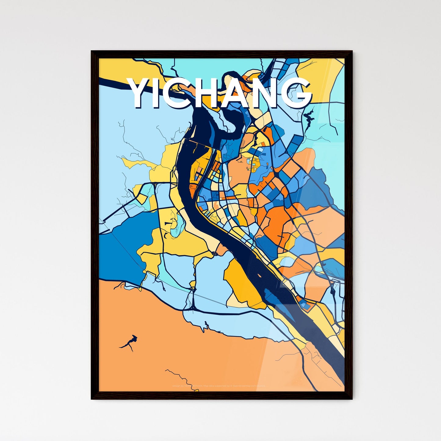 YICHANG CHINA Vibrant Colorful Art Map Poster Blue Orange