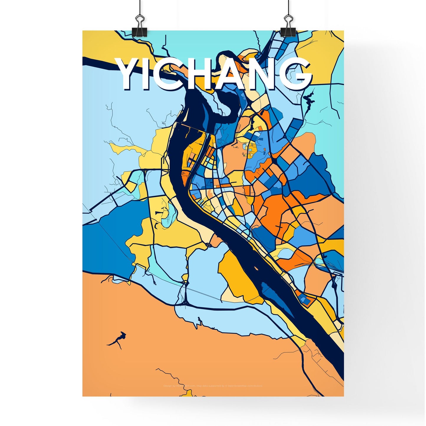 YICHANG CHINA Vibrant Colorful Art Map Poster Blue Orange