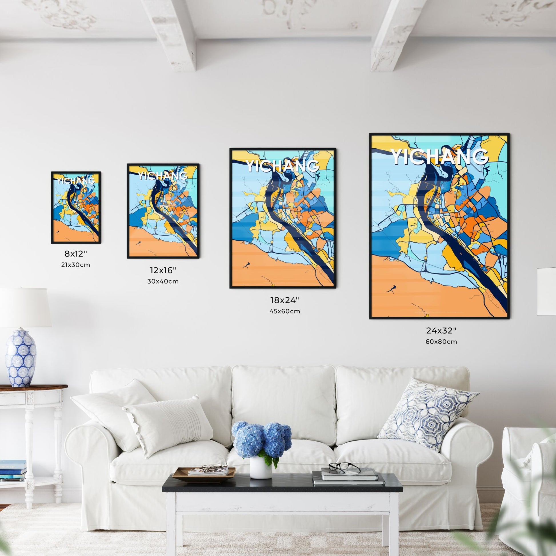 YICHANG CHINA Vibrant Colorful Art Map Poster Blue Orange