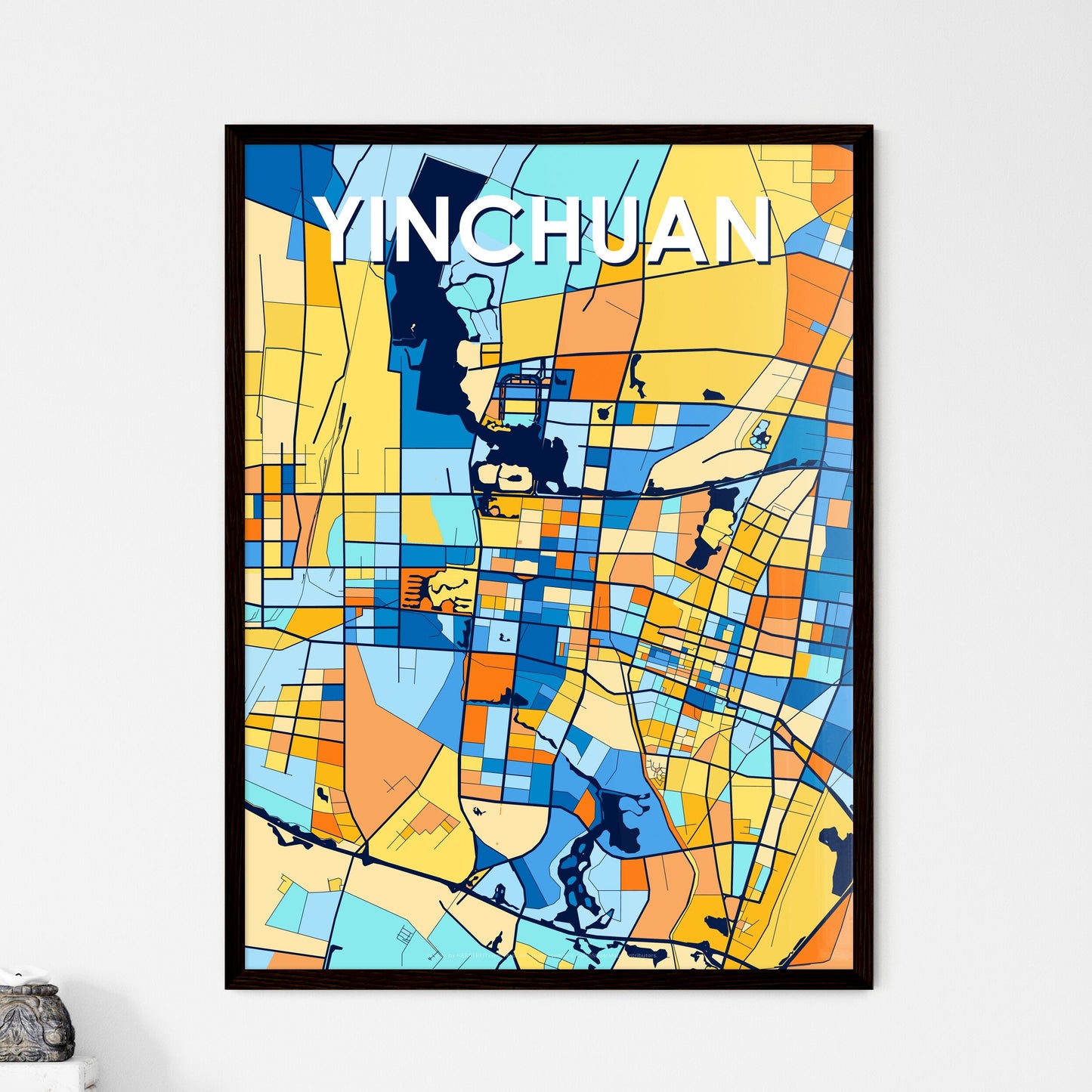 YINCHUAN CHINA Vibrant Colorful Art Map Poster Blue Orange