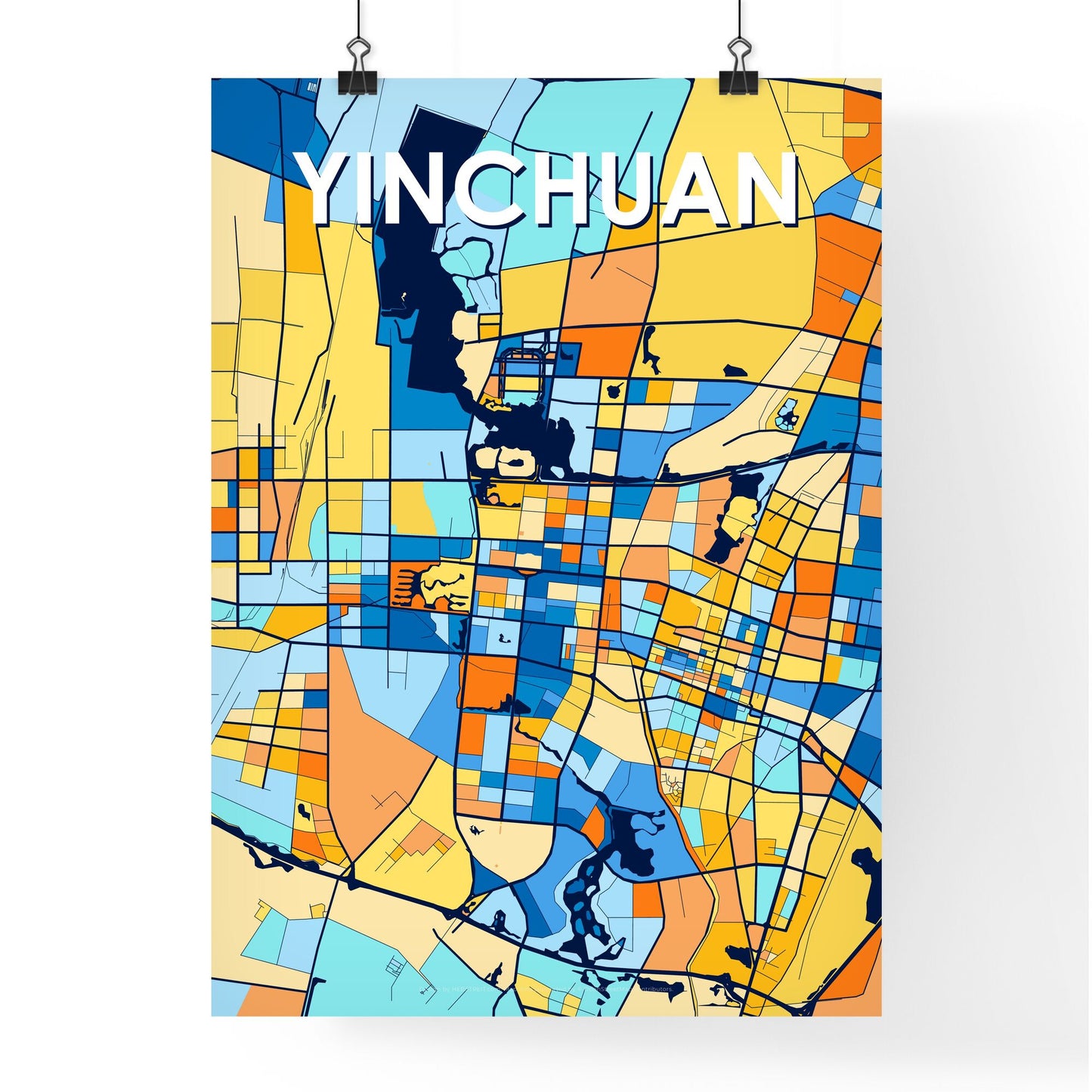 YINCHUAN CHINA Vibrant Colorful Art Map Poster Blue Orange