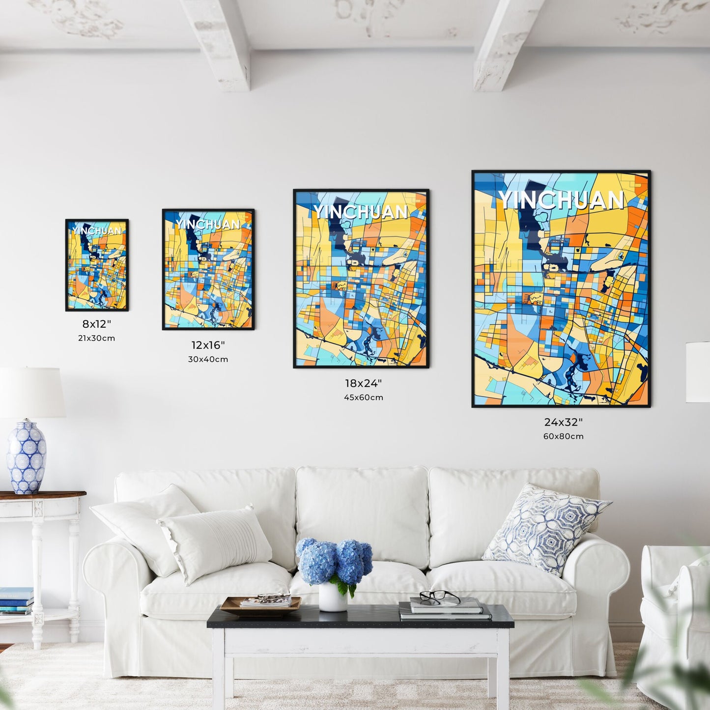 YINCHUAN CHINA Vibrant Colorful Art Map Poster Blue Orange