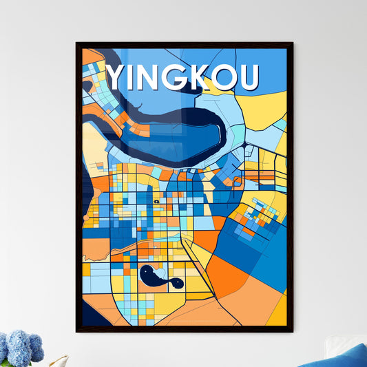 YINGKOU CHINA Vibrant Colorful Art Map Poster Blue Orange