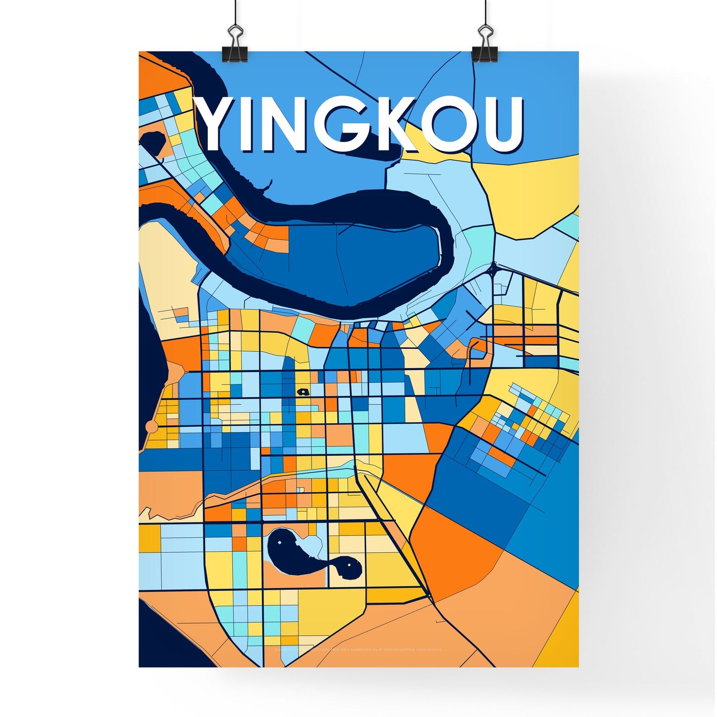 YINGKOU CHINA Vibrant Colorful Art Map Poster Blue Orange