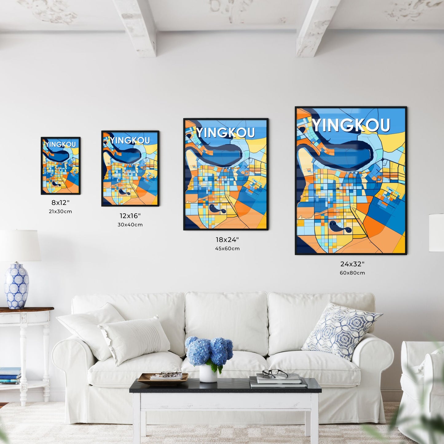 YINGKOU CHINA Vibrant Colorful Art Map Poster Blue Orange