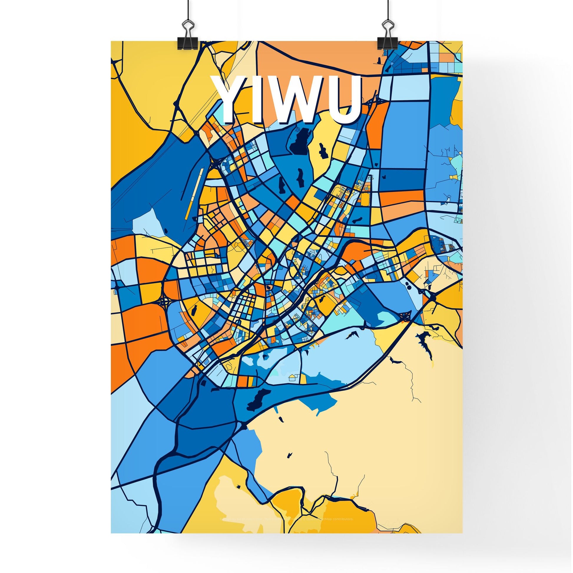 YIWU CHINA Vibrant Colorful Art Map Poster Blue Orange