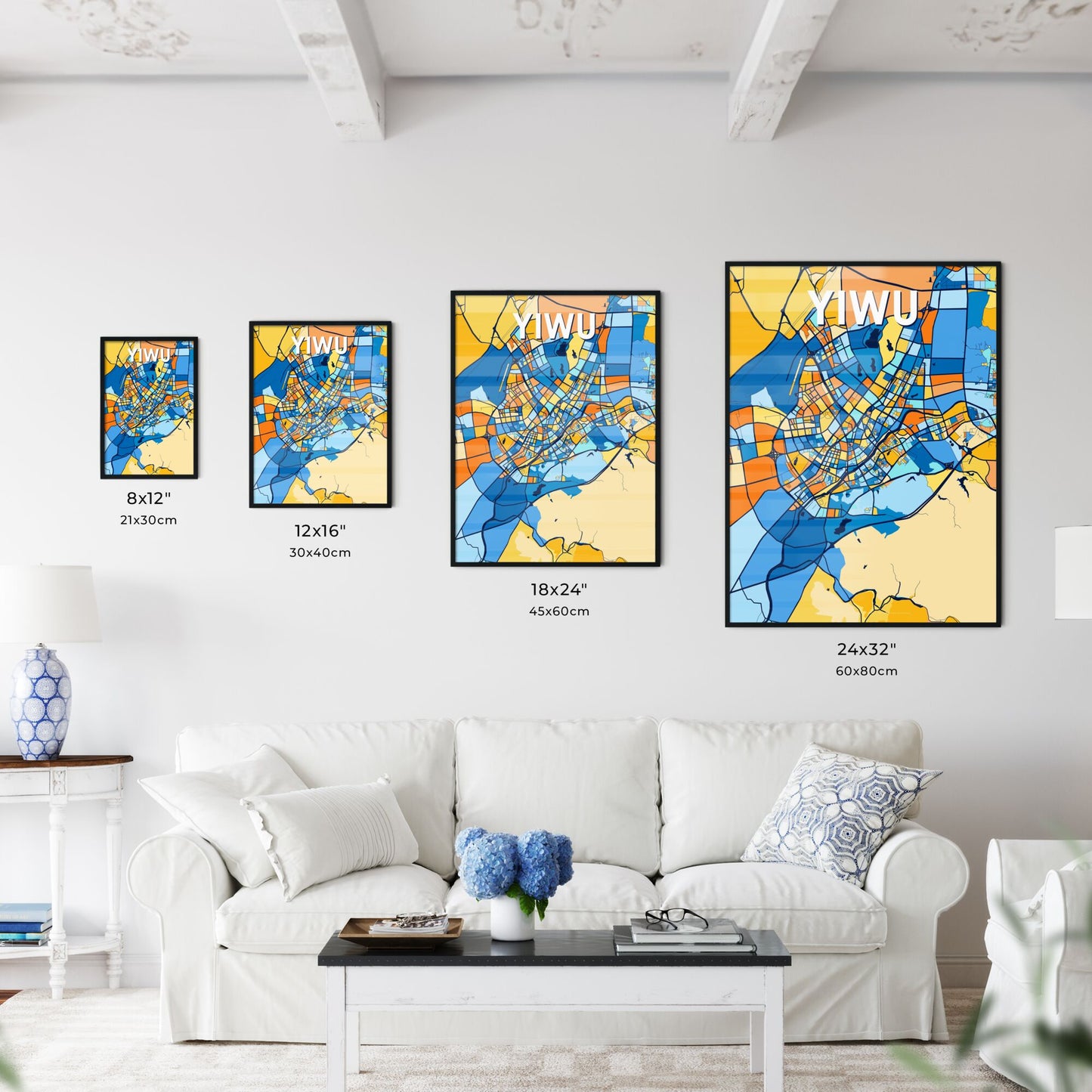 YIWU CHINA Vibrant Colorful Art Map Poster Blue Orange