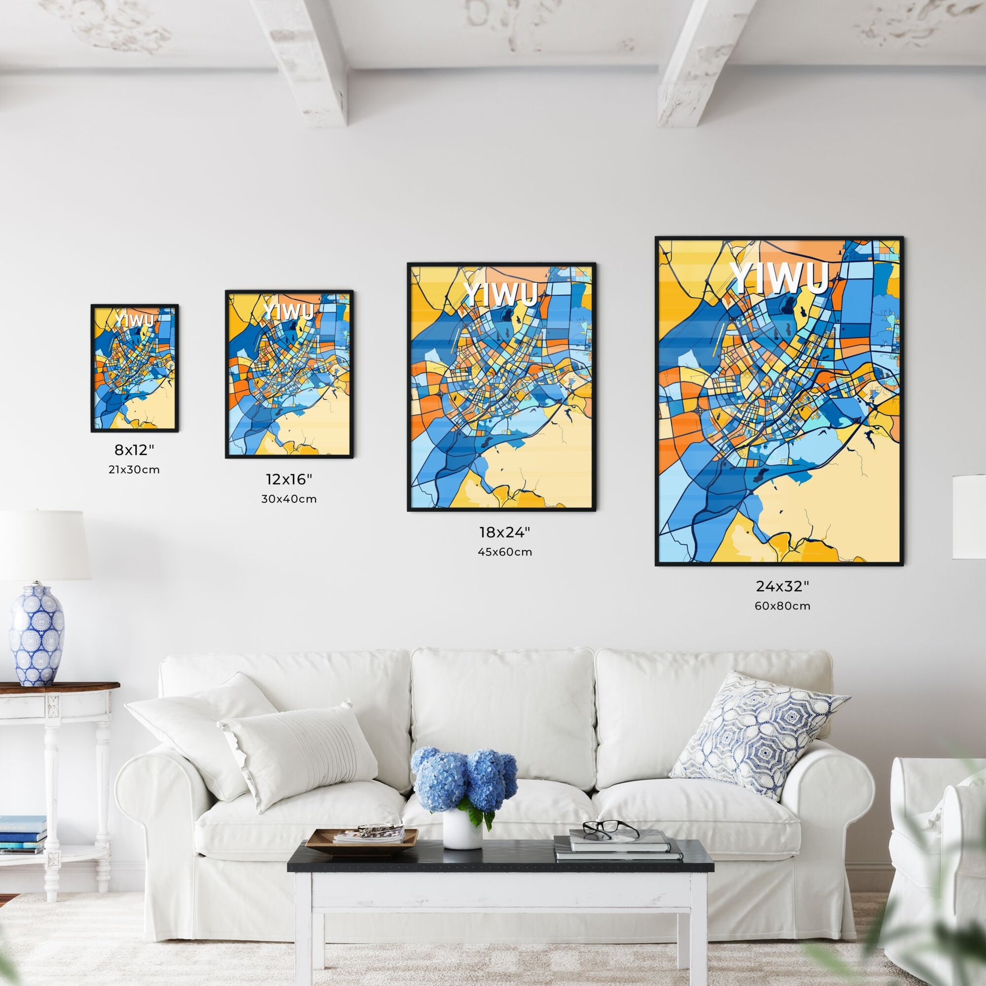 YIWU CHINA Vibrant Colorful Art Map Poster Blue Orange