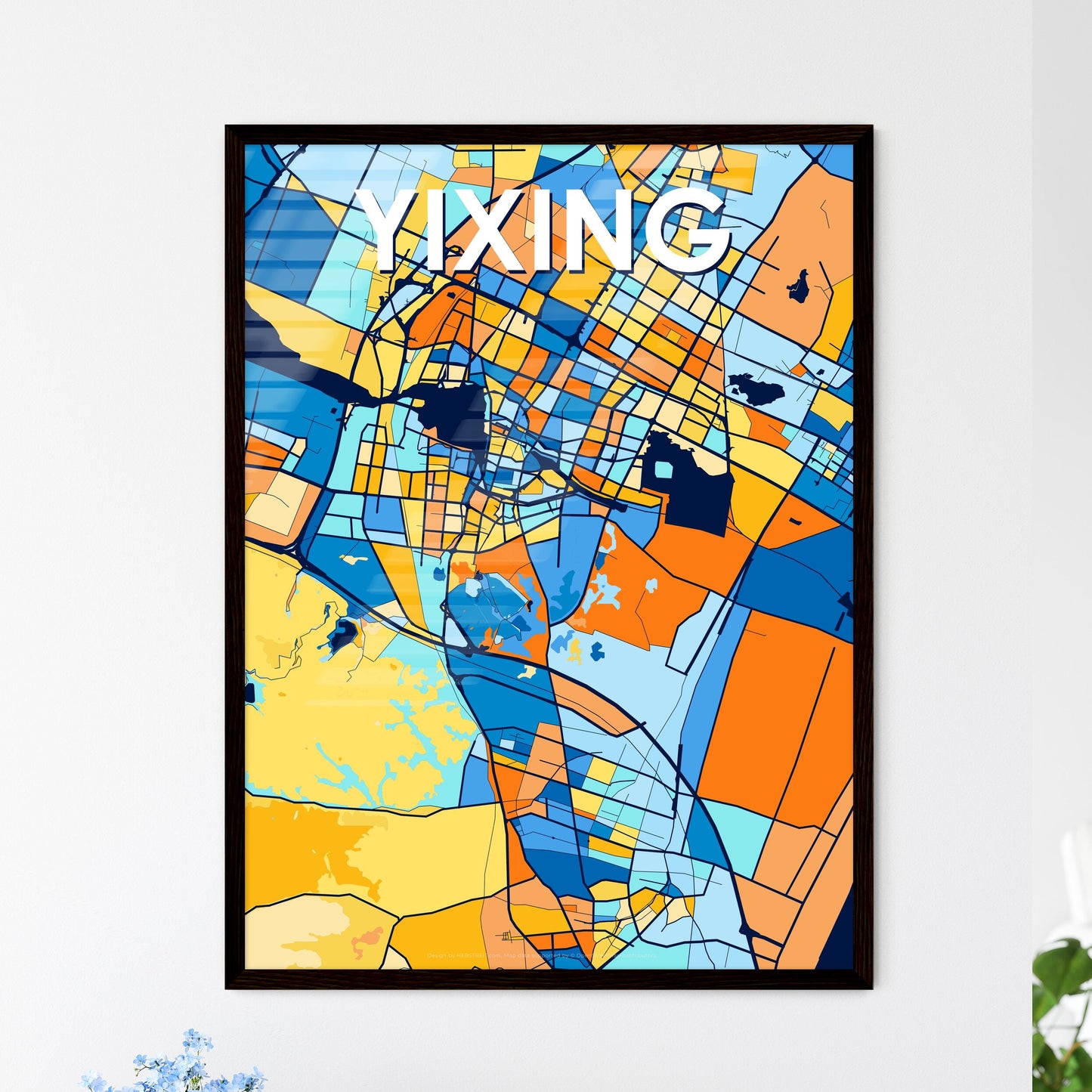 YIXING CHINA Vibrant Colorful Art Map Poster Blue Orange