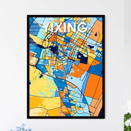 YIXING CHINA Vibrant Colorful Art Map Poster Blue Orange