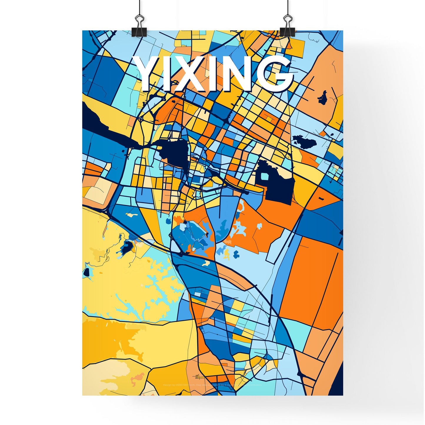 YIXING CHINA Vibrant Colorful Art Map Poster Blue Orange