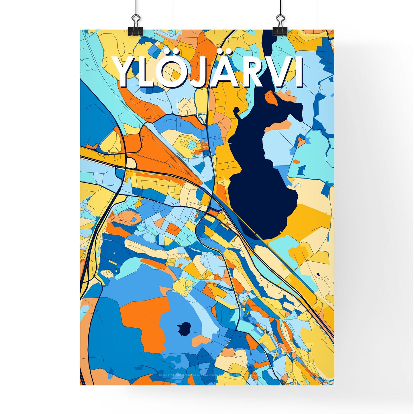 YLÖJÄRVI FINLAND Vibrant Colorful Art Map Poster Blue Orange