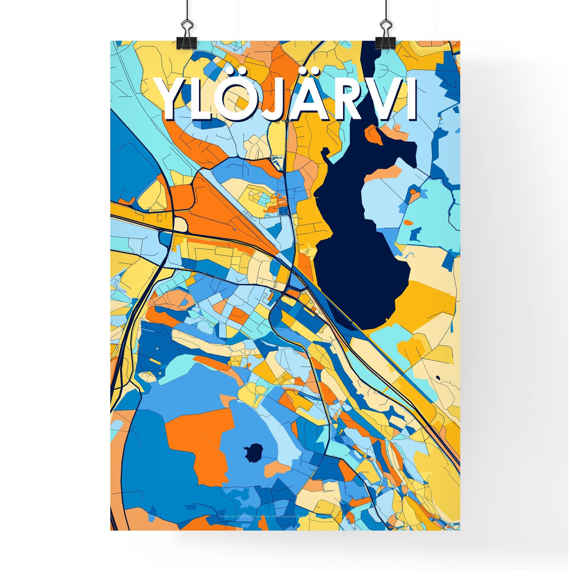 YLÖJÄRVI FINLAND Vibrant Colorful Art Map Poster Blue Orange