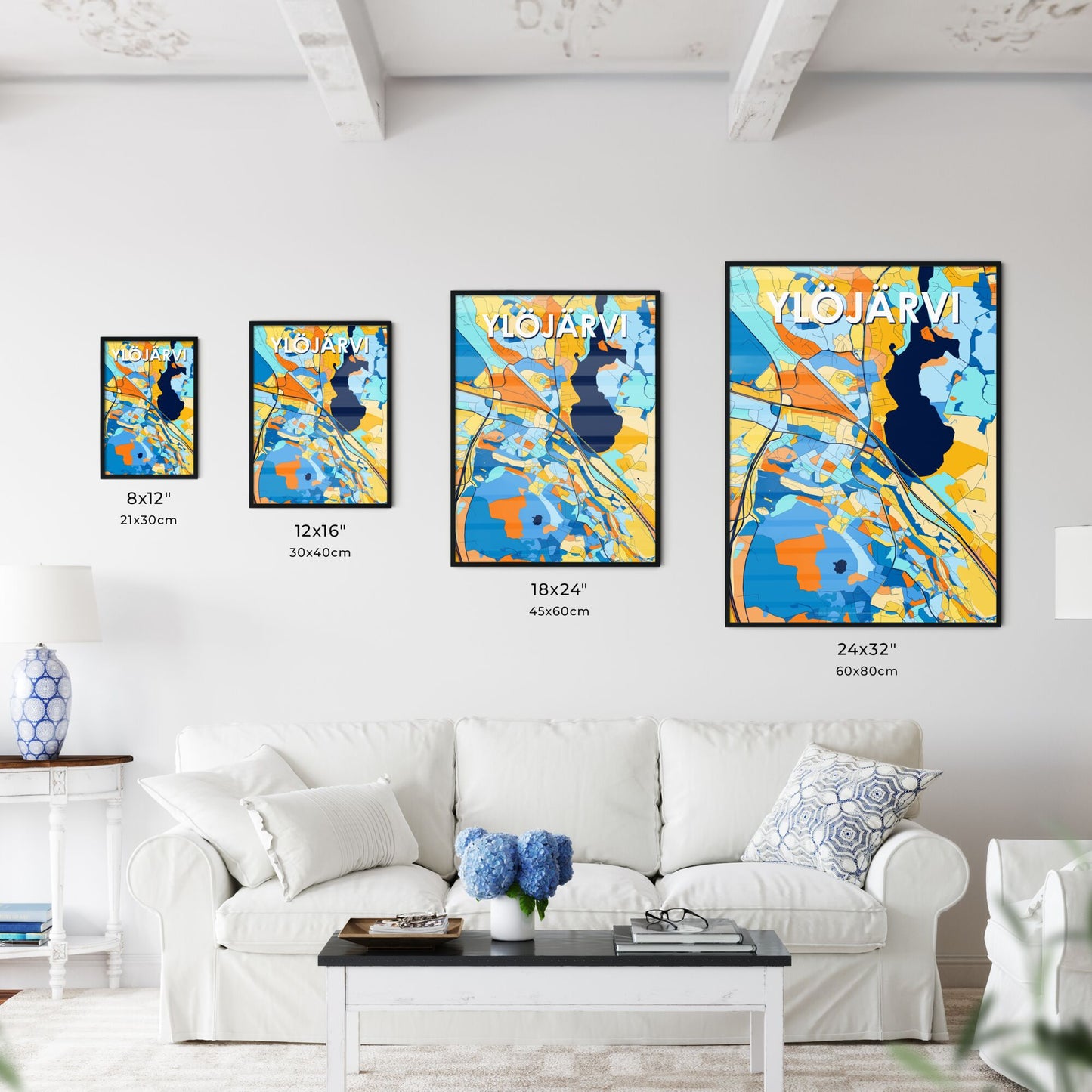 YLÖJÄRVI FINLAND Vibrant Colorful Art Map Poster Blue Orange