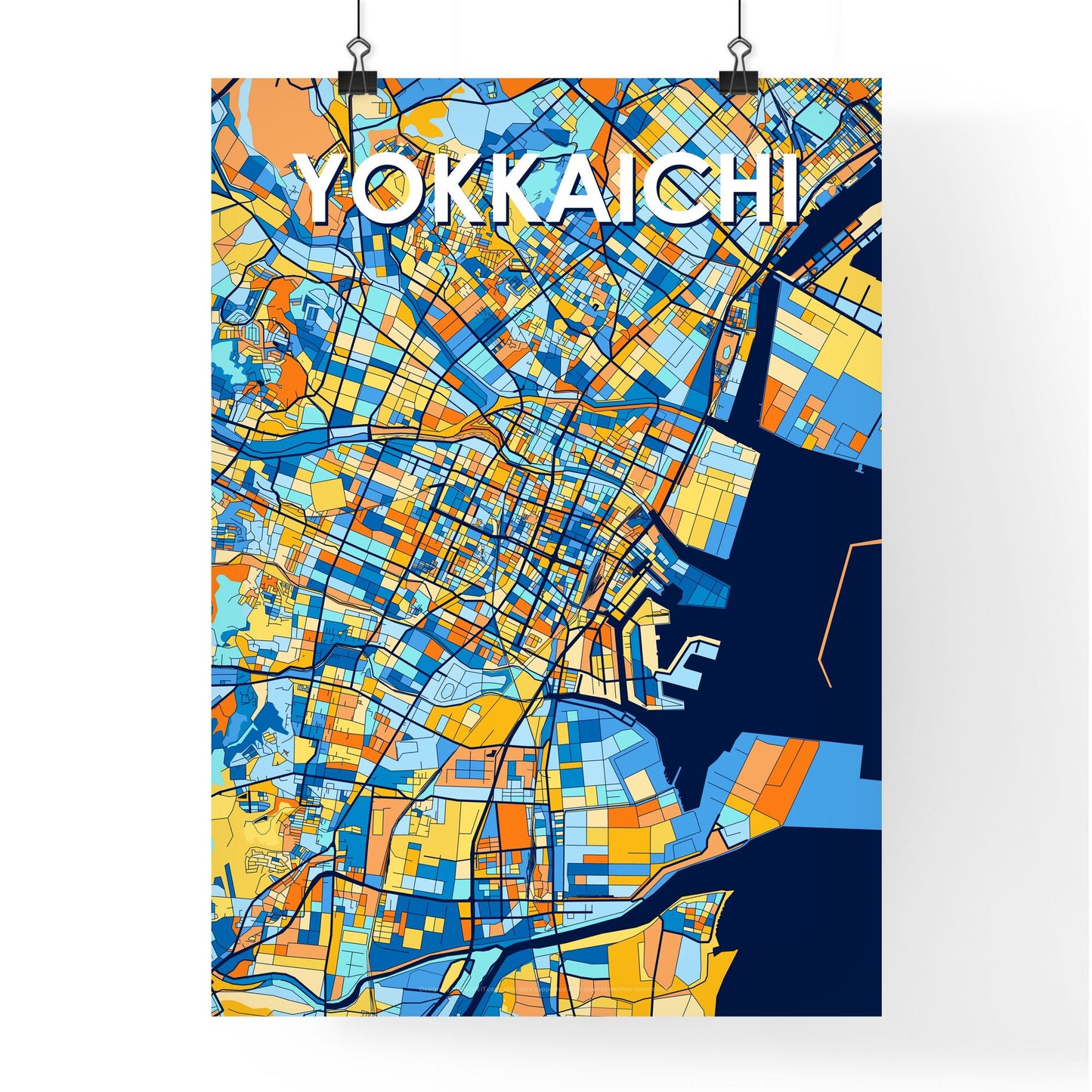 YOKKAICHI JAPAN Vibrant Colorful Art Map Poster Blue Orange