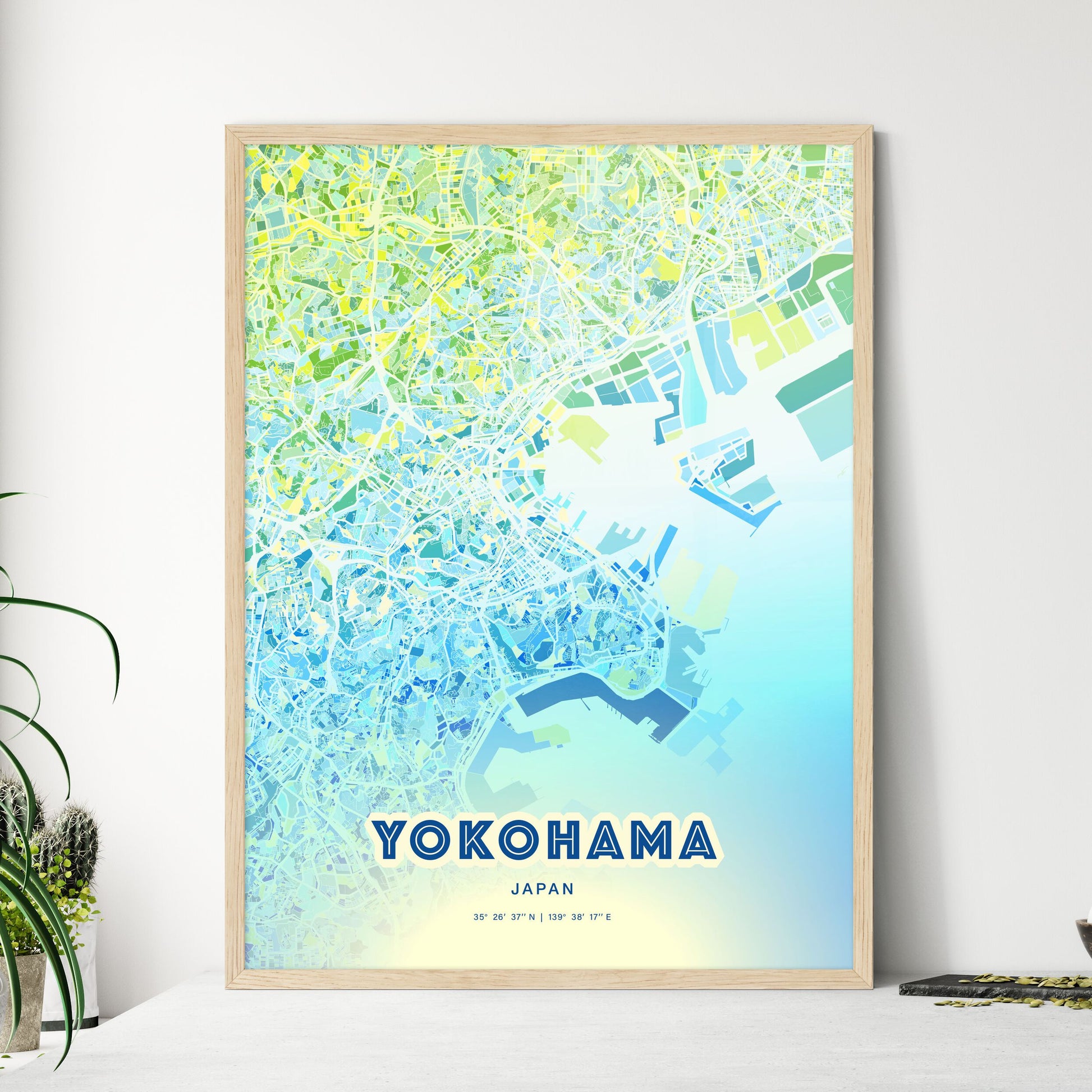 Colorful Yokohama Japan Fine Art Map Cool Blue