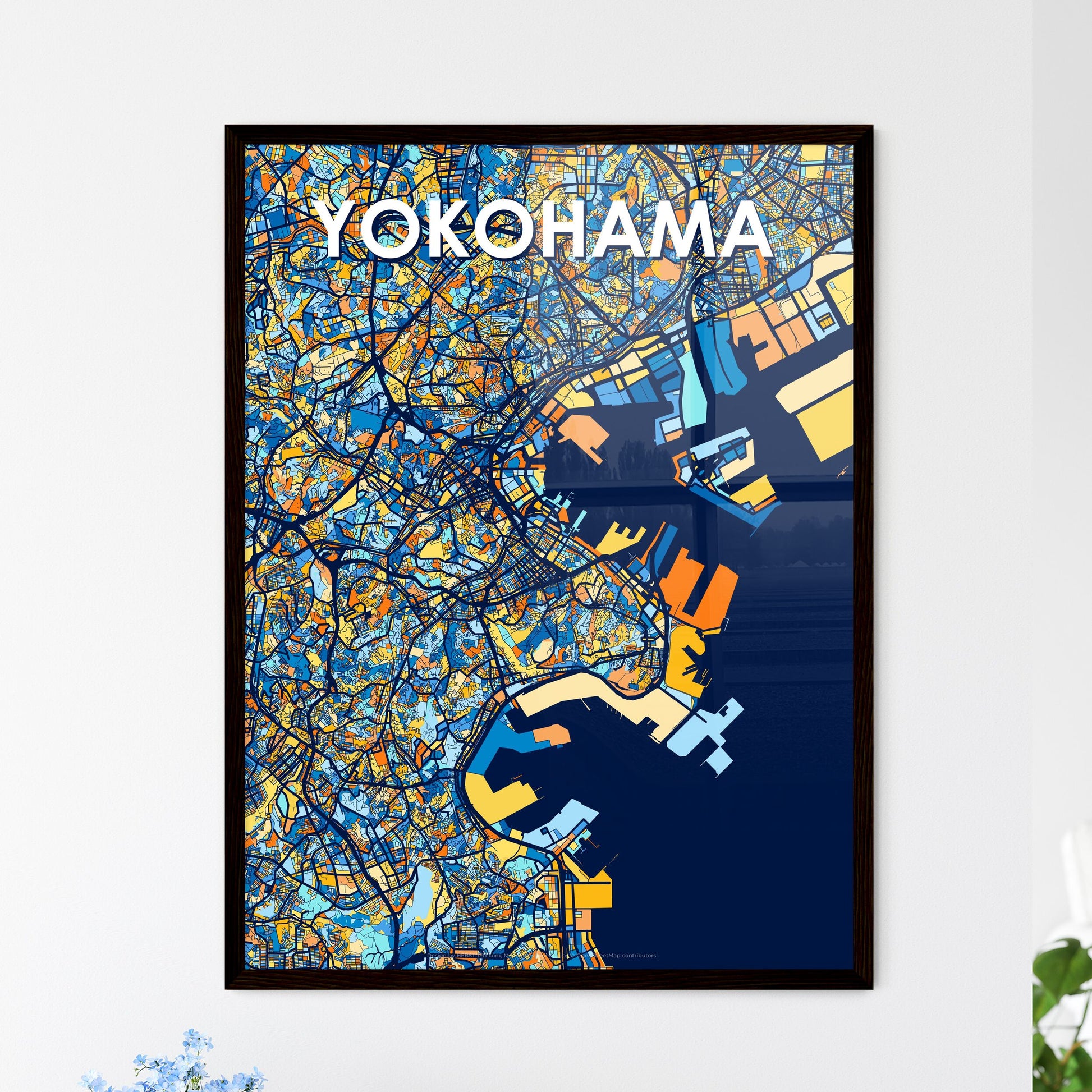 YOKOHAMA JAPAN Vibrant Colorful Art Map Poster Blue Orange