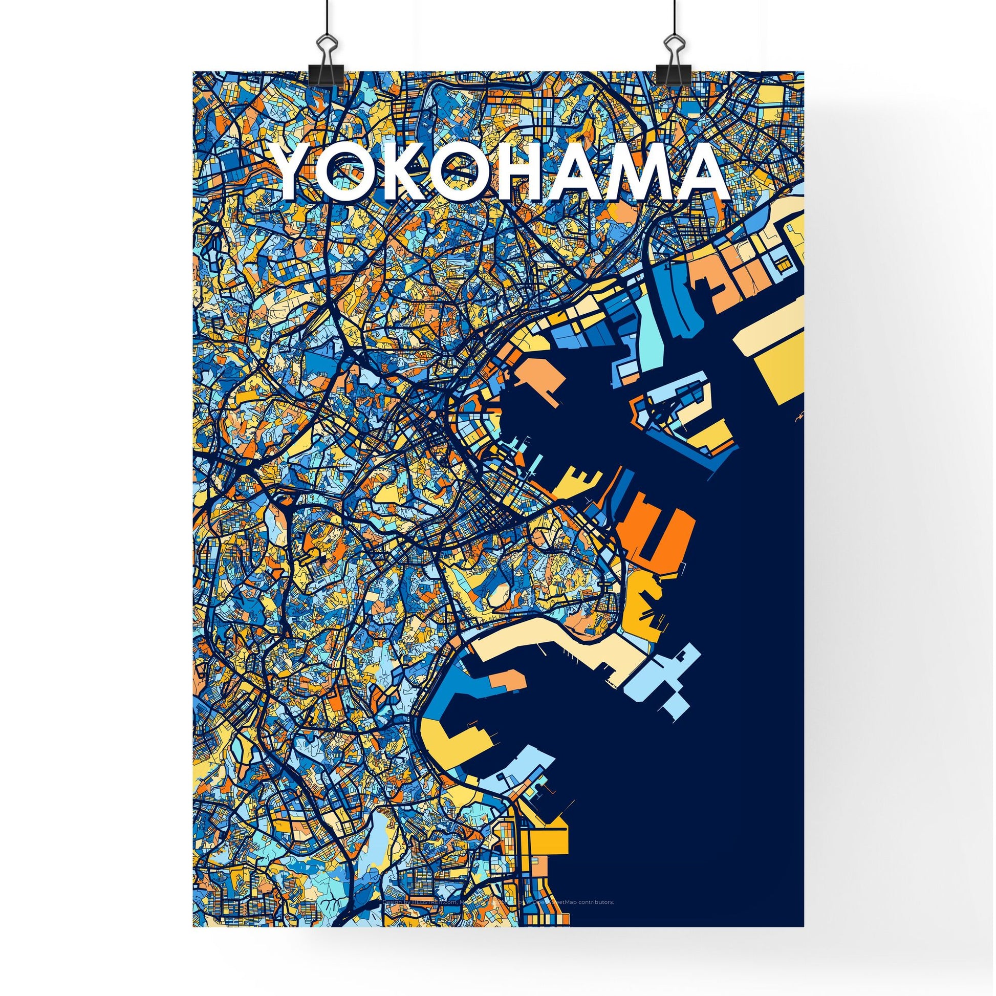 YOKOHAMA JAPAN Vibrant Colorful Art Map Poster Blue Orange