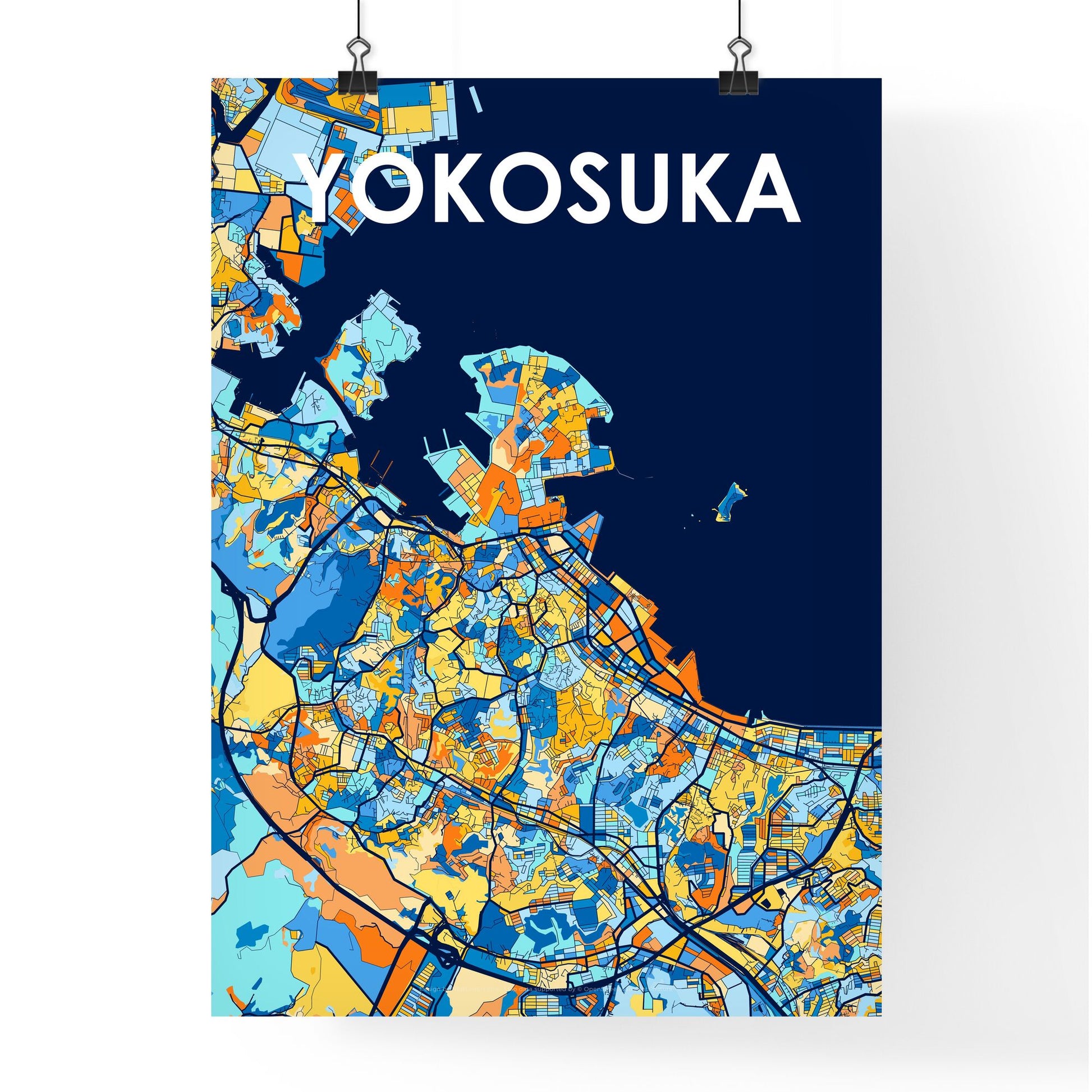 YOKOSUKA JAPAN Vibrant Colorful Art Map Poster Blue Orange